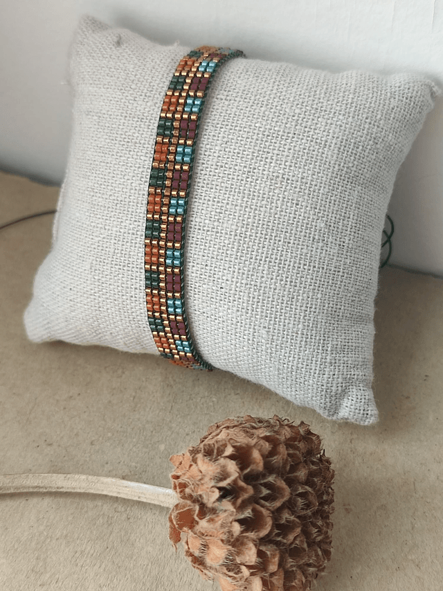Z-Bracelet tissé main carreaux orange turquoise bordeaux vert, réglable en fil de jade résistant, pièce unique 