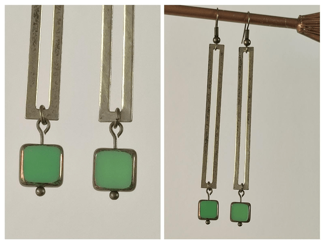 Z-Boucles d'oreilles longues carré en verre vert, rectangle bronze, pièce unique - sans nickel 