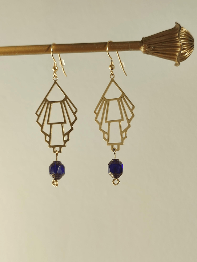 Z-Boucles d'oreilles "art déco" et perles en verre bleu et or, fermoirs en acier inoxydable,sans nickel, pièce unique 