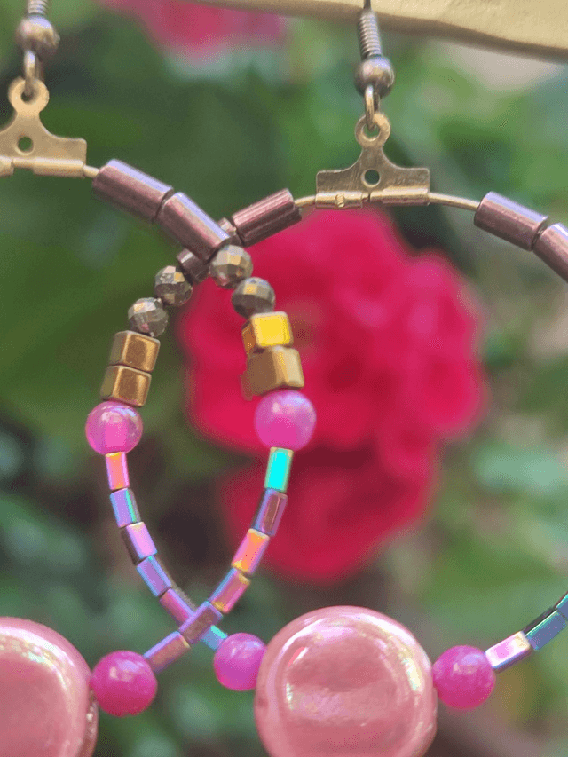 Z-Boucles d'oreilles agate rose &céramique rose en acier inoxydable doré 