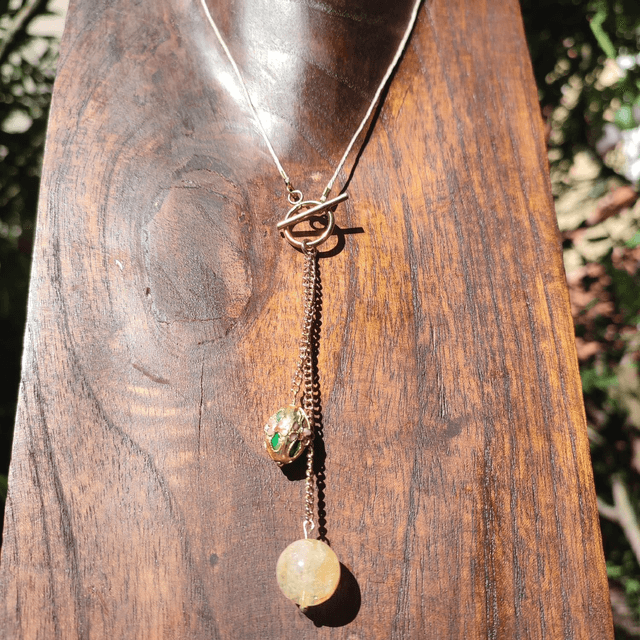 Collier citrine : pierres naturelles & perle cloisonnée, monté sur fil de lin réglable avec chaîne d'extension en acier inoxydable doré, pièce unique.