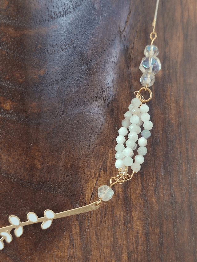 Collier en pierre de lune et perles en verre ras du cou monté sur fil de lin réglable avec chaîne d'extension en acier inoxydable doré, pièce unique 