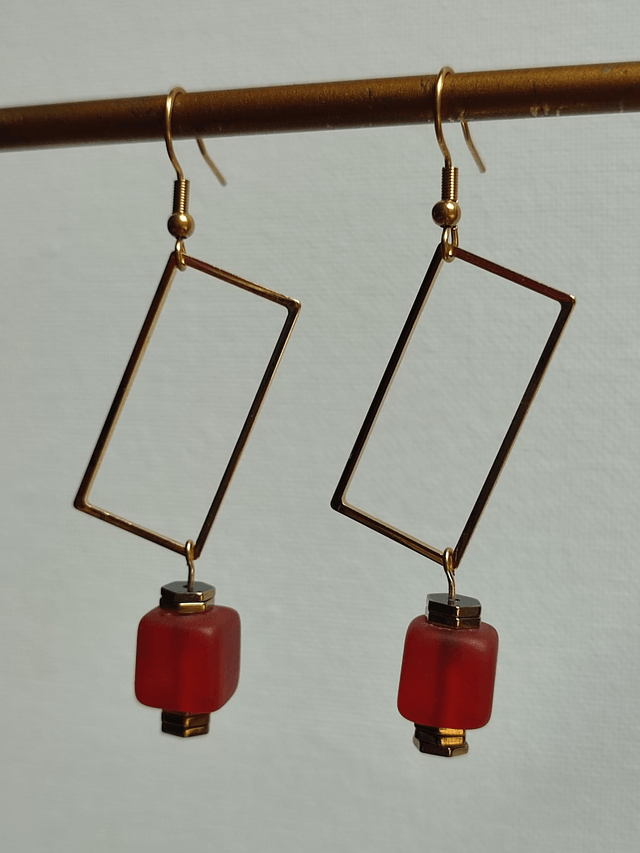 Z-Boucles d'oreilles carré verre orange et rectangles acier inoxydable doré -sans nickel, pièce unique 