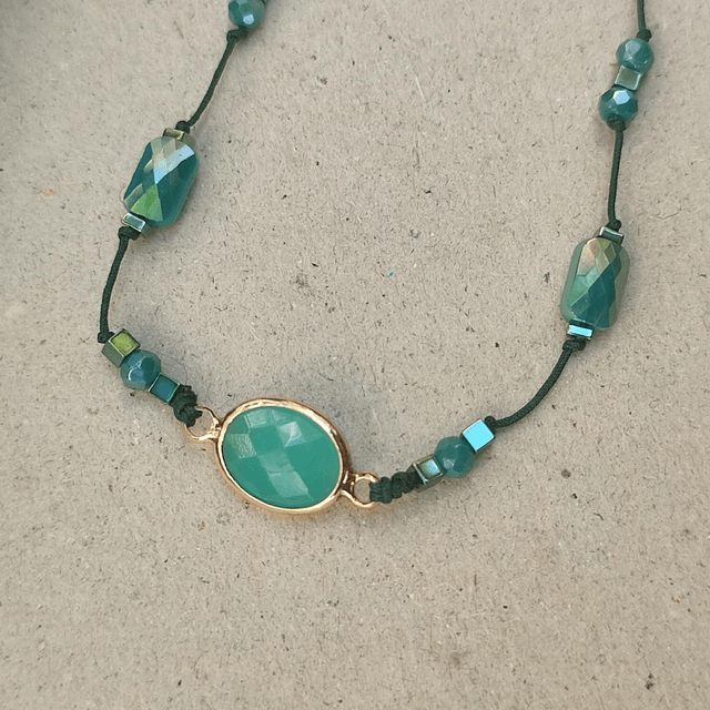 Agate verte & verre vert/ turquoise,bracelet réglable, résistant en fil de jade
