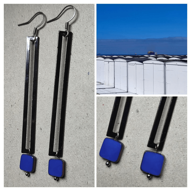 Z-Boucles d'oreilles longues " géométriques" carré en verre bleu et rectangle argenté, pièce unique -sans nickel 