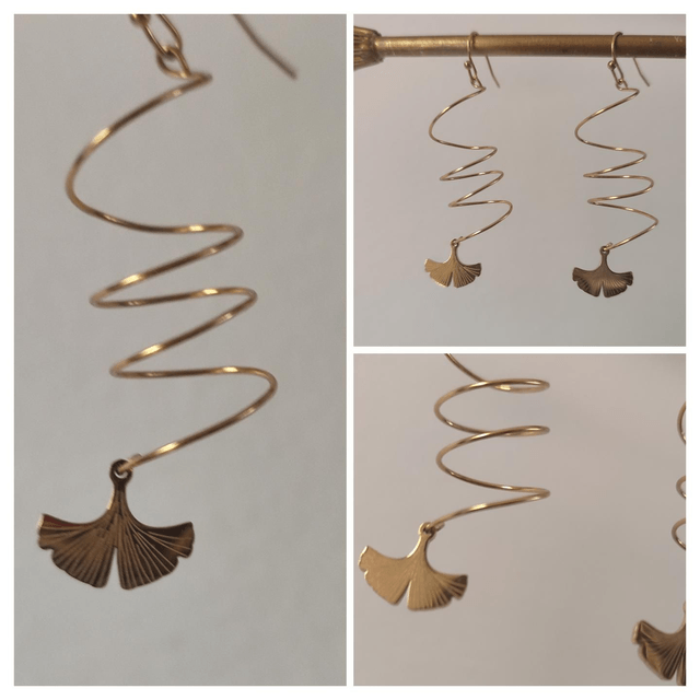 Z-Boucles d'oreilles "tourbillon" fleurs de ginkgo biloba acier inoxydable doré -sans nickel, pièce unique 