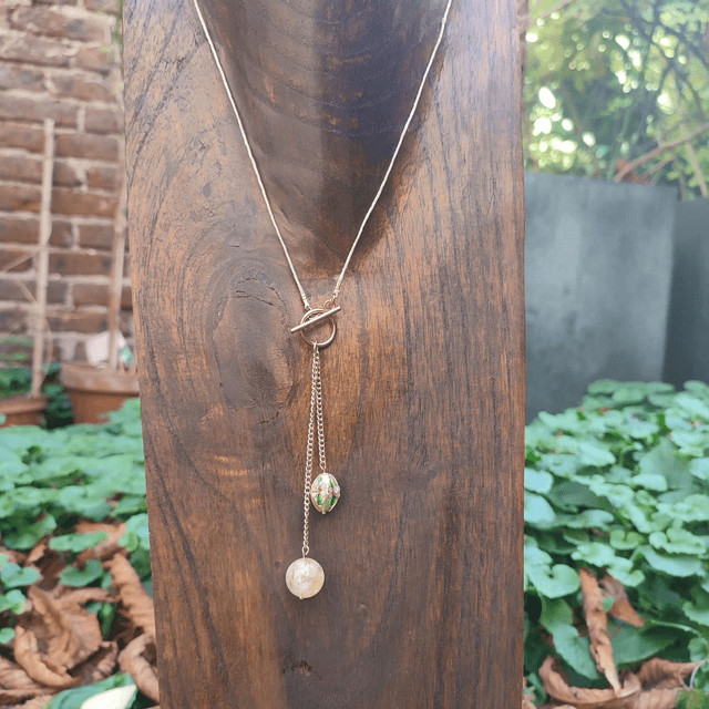 Collier citrine : pierres naturelles & perle cloisonnée, monté sur fil de lin réglable avec chaîne d'extension en acier inoxydable doré, pièce unique.