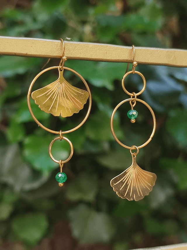 Z-Boucles d'oreilles ginkgo asymétrique et cercle, perles vertes en verre, acier inoxydable doré -sans nickel, pièce unique 