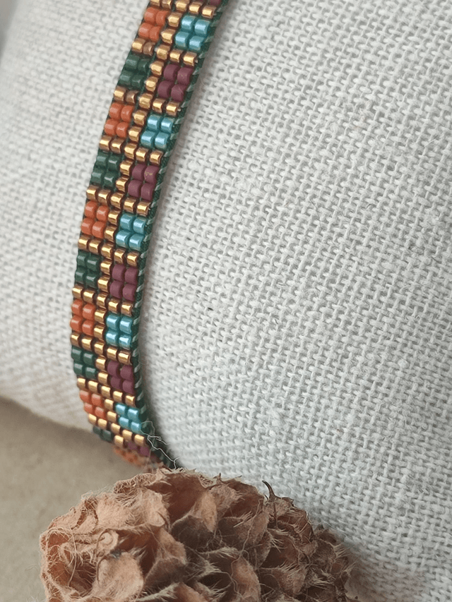 Z-Bracelet tissé main carreaux orange turquoise bordeaux vert, réglable en fil de jade résistant, pièce unique 