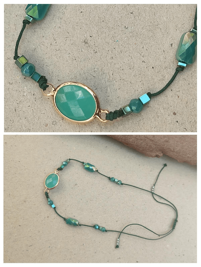 Agate verte & verre vert/ turquoise,bracelet réglable, résistant en fil de jade