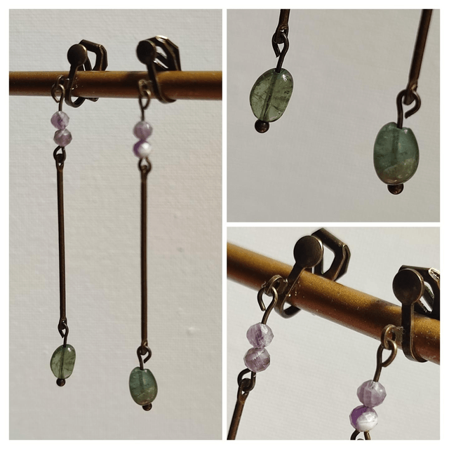 Boucles d'oreilles " clips" en améthyste &sodalite verte ( Vert et blanc)& laiton bronze-sans nickel, peut être monté oreilles percées 