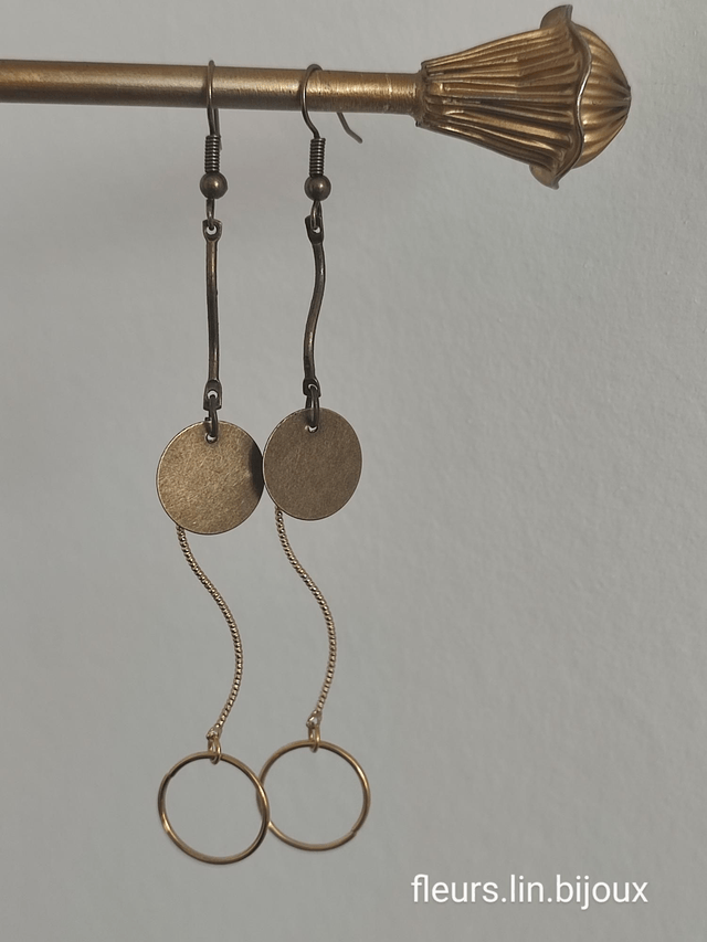 Boucles d'oreilles longues cercles bronze & doré -sans nickel 