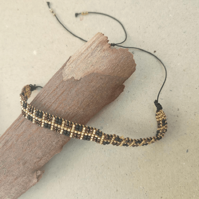 Bracelet tissé main en perles de verre miyuki noir et or, réglable et résistant 