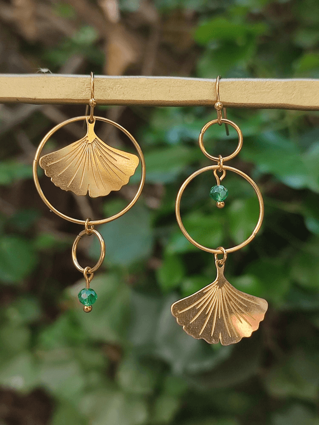 Z-Boucles d'oreilles ginkgo asymétrique et cercle, perles vertes en verre, acier inoxydable doré -sans nickel, pièce unique 