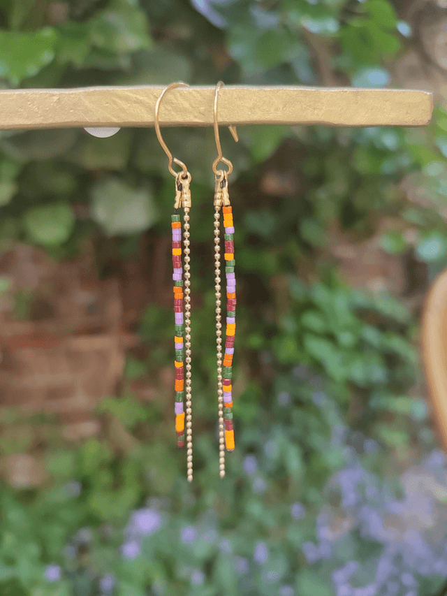 Boucles d'oreilles longues multicolore perles de verre miyuki et chaîne en acier inoxydable doré -sans nickel pièce unique 