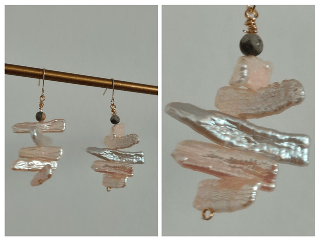 Z-Boucles d'oreilles en nacre, perles en obsidienne ( pierres naturelles), fermoirs en acier inoxydable doré -sans nickel- pièce unique 