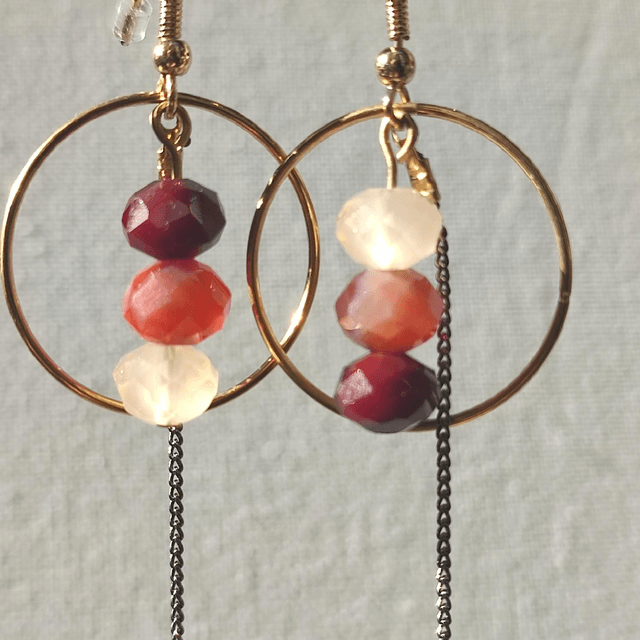 Boucles d'oreilles 3 perles en verre brun, orange, bordeaux et cercle 