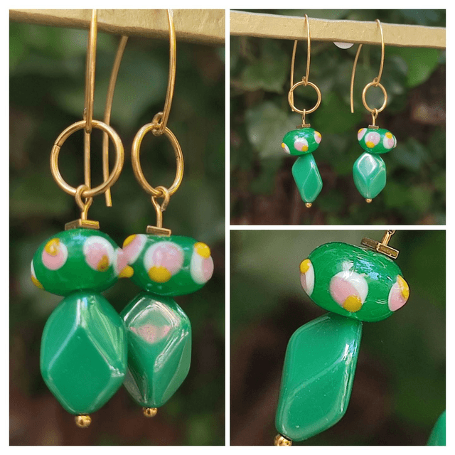 Z-Boucles d'oreilles en verre , rose/vert en acier inoxydable doré -sans nickel -pièce unique 