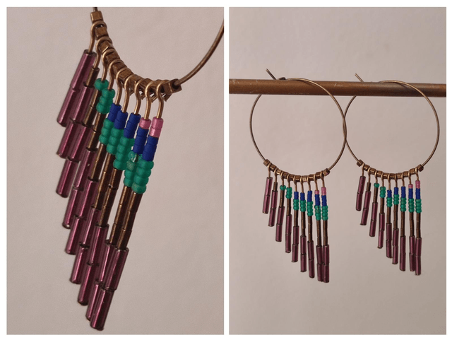 Créoles bronze et perles en verre miyuki violine, turquoise et orange, sans nickel,en laiton bronze, pièce unique 