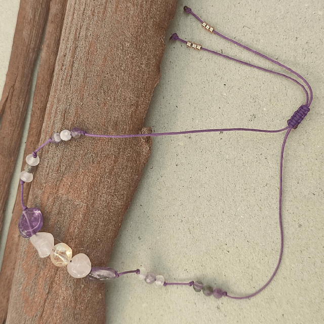 Bracelet en améthyste, citrine & agate rose (pierres naturelles) réglable sur fil de jade