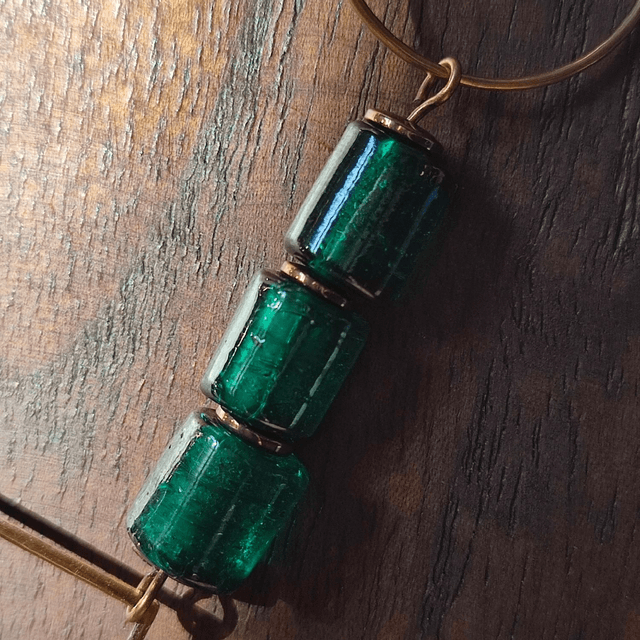 Sautoir céramique et verre" bleu paon"  acier inoxydable doré monté sur fil de lin réglable,- pièce unique 
