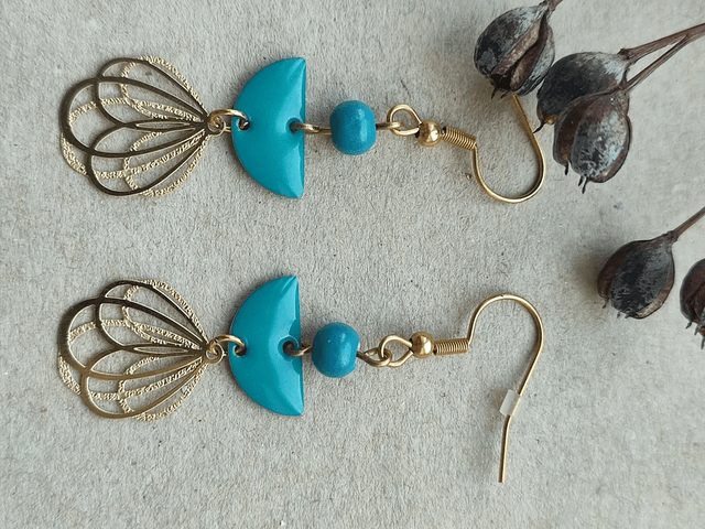 Z-Boucles fleurs et email turquoise en acier inoxydable doré -sans nickel, pièce unique 