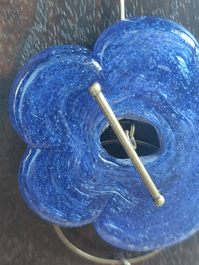 Z-Sautoir fleur en verre de Murano, bois & verre bleu monté sur fil de lin réglable 