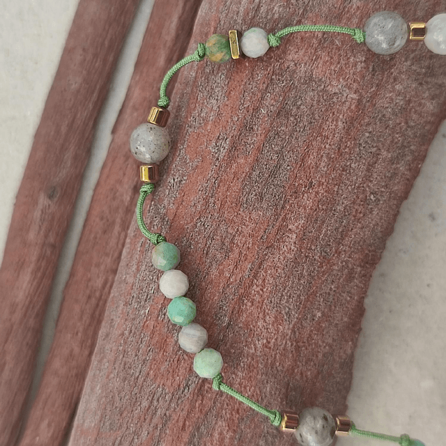 Bracelet amazonite et agate aux jolis reflets ( pierres naturelles) réglable monté sur fil de jade résistant 