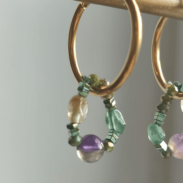 Créoles améthyste ,citrine, apatite en pierres naturelles acier inoxydable doré -sans nickel, pièce unique 