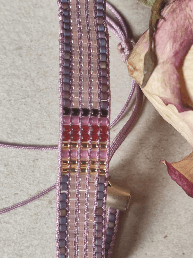 Z-Bracelet rose & or tissé main en perles de verre miyuki sur fil de jade, réglable, pièce unique 