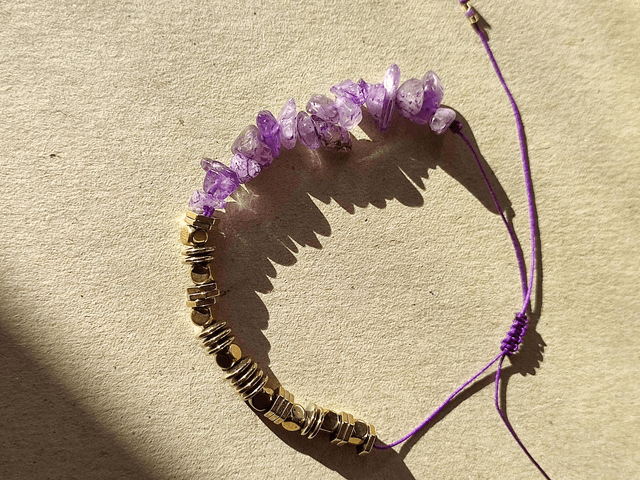 Z-Bracelet améthyste ( pierres naturelles) et hématite doré réglable monté sur fil de jade violet 