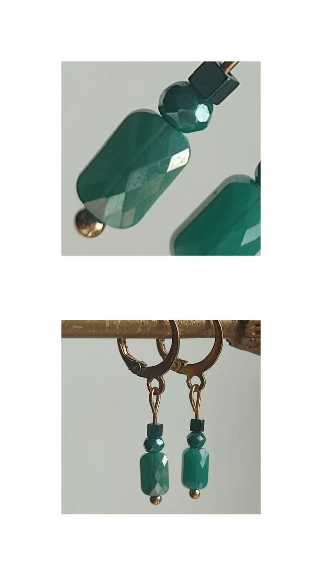 Dormeuses en verre et hématite turquoise, acier inoxydable doré -sans nickel, pièce unique 