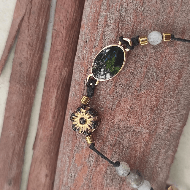 Bracelet email noir et fleur noire & or en verre, réglable et résistant 