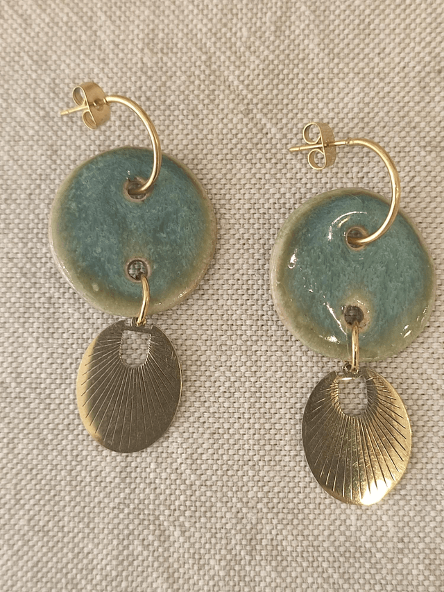 Créoles céramique artisanale nuance de bleu/vert en acier inoxydable doré -sans nickel pièce unique 