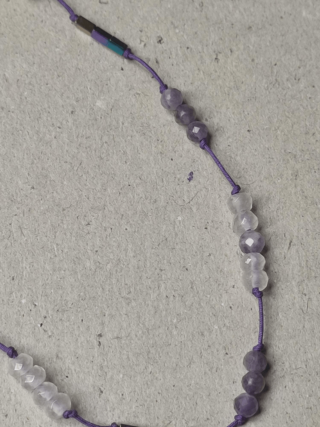 Bracelet améthyste & agate rose pâle réglable sur fil de jade résistant, pièce unique 