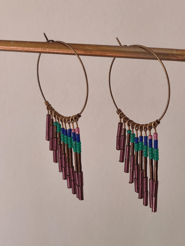 Créoles bronze et perles en verre miyuki violine, turquoise et orange, sans nickel,en laiton bronze, pièce unique 