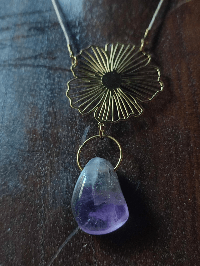 Z-Collier améthyste véritable et fleur dorée monté sur fil de lin réglable avec chaîne d'extension, pièce unique 