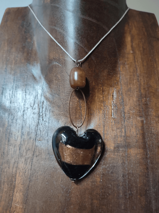 Z-Collier coeur en verre noir et cuivre,pierre en agate brune monté sur fil de lin avec chaîne d'extension bronze, pièce unique 