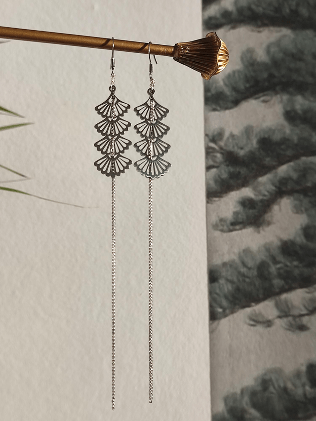 Boucles d'oreilles"art déco"longues en acier inoxydable argenté , pièce unique 