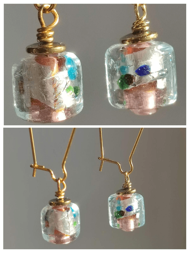 Z-Dormeuses en verre moucheté rose ( blanc, bleu, Vert, turquoise) en acier inoxydable doré - pièce unique- sans nickel 