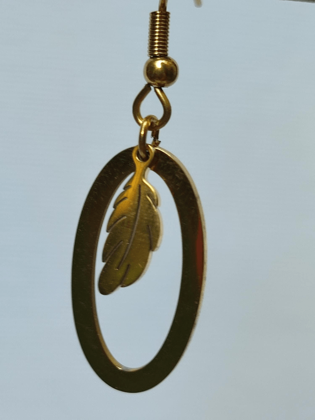Boucles d'oreilles feuilles et ovales en acier inoxydable doré -sans nickel, pièce unique 