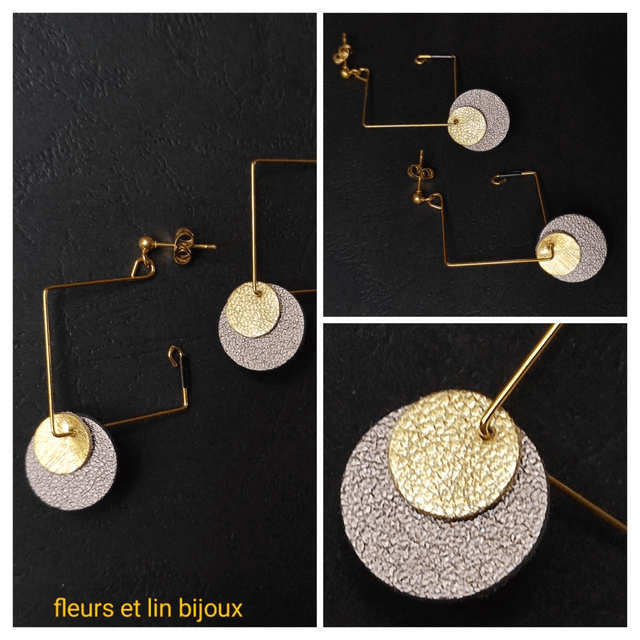 Boucles d'oreilles cuir or et noir monté sur un carré et fermoirs en acier inoxydable doré -sans nickel, pièce unique 