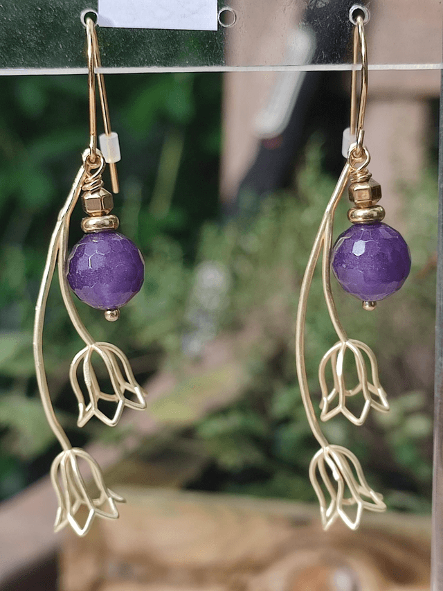 Z- fleurs & agate violette, boucles d'oreilles sans nickel, fermoirs en acier inoxydable doré 