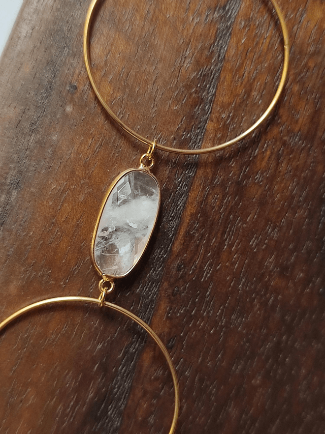 Z-Sautoir quartz rose & crystal de roche, anneaux en acier inoxydable doré monté sur fil de lin réglable 