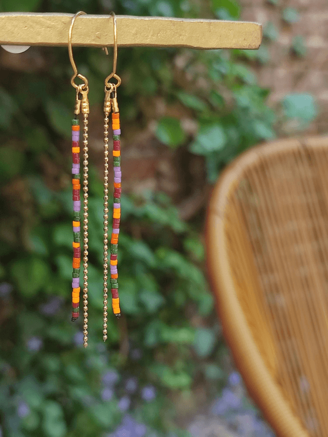 Boucles d'oreilles longues multicolore perles de verre miyuki et chaîne en acier inoxydable doré -sans nickel pièce unique 