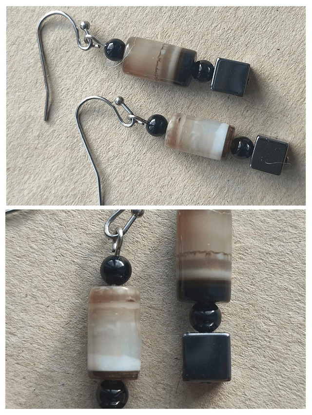 Boucles agate noire et hématite en acier inoxydable argenté -sans nickel -
