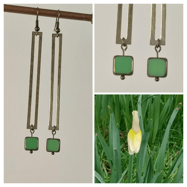 Z-Boucles d'oreilles longues carré en verre vert, rectangle bronze, pièce unique - sans nickel 