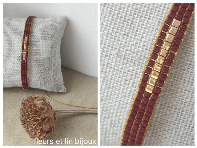 Bracelet tissé main bordeaux & carrés dorés en perles de verre miyuki , réglable sur fil de jade résistant, pièce unique 