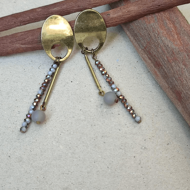 Boucles d'oreilles bronze, pierres naturelles & verre,ton de gris et bruns, sans nickel pièce unique 