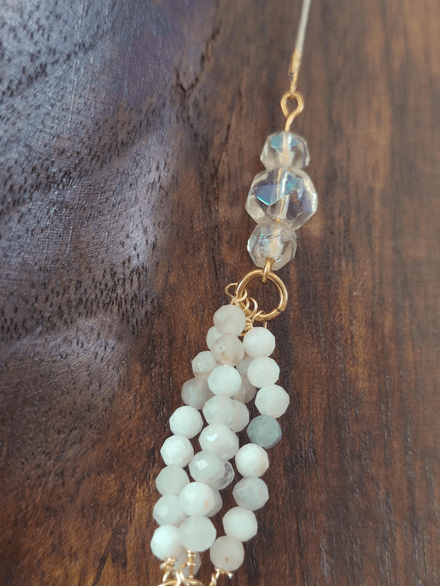 Collier en pierre de lune et perles en verre ras du cou monté sur fil de lin réglable avec chaîne d'extension en acier inoxydable doré, pièce unique 